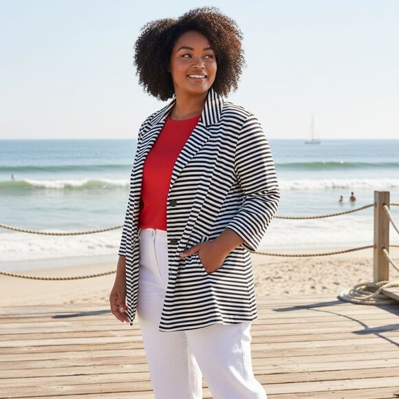 Vintage Pendleton Womens XL Striped Swing Jacket Blazer Navy/White Pleated Back - Picture 1 of 14